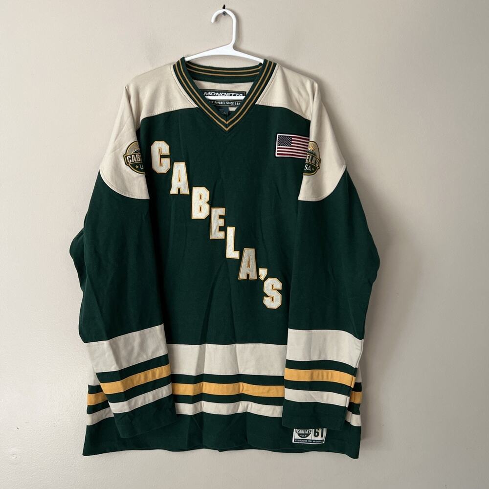 Vintage Cabelas Hockey Jersey Green & White #61 Mondetta Long Sleeve Men’s Large